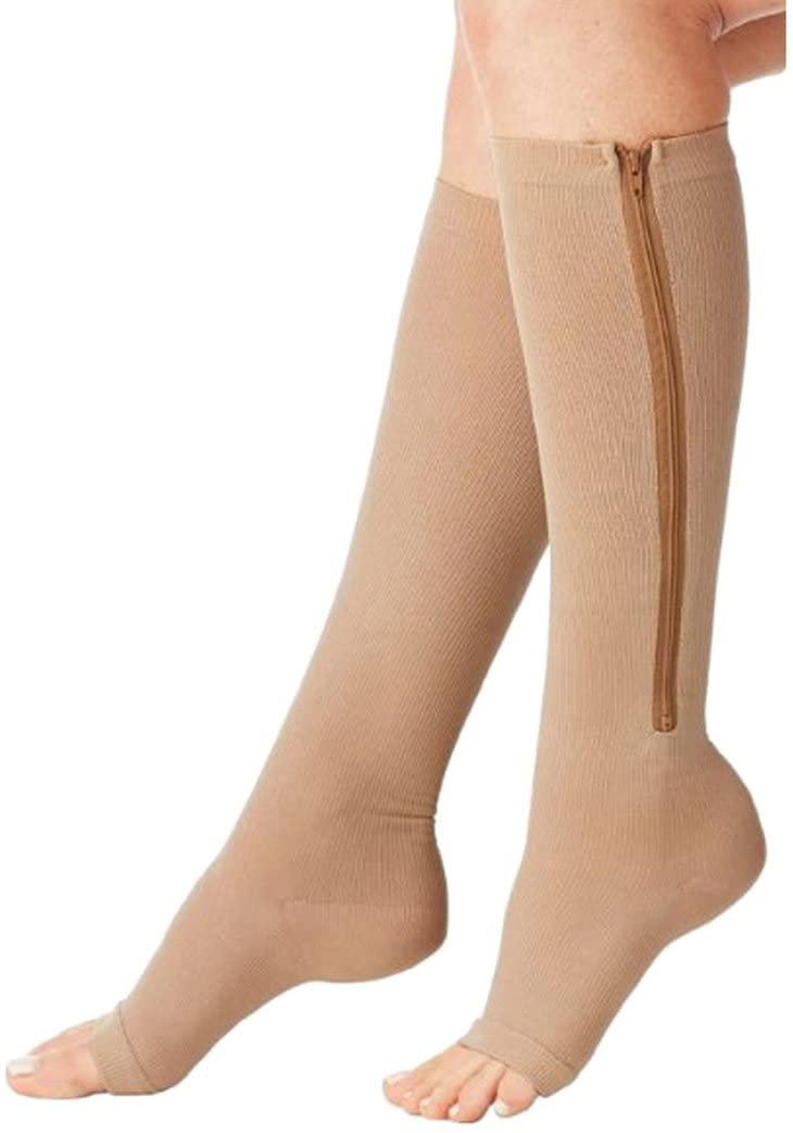 Aniwon Compression Socks Toe Open Leg Support Stocking Knee High Socks with Zipper (Beige, Medium)